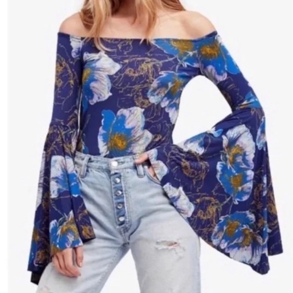 Free People Tops - Free People | Birds of Paradise Blue Off Shoulder Floral Bell Sleeves Top Size S